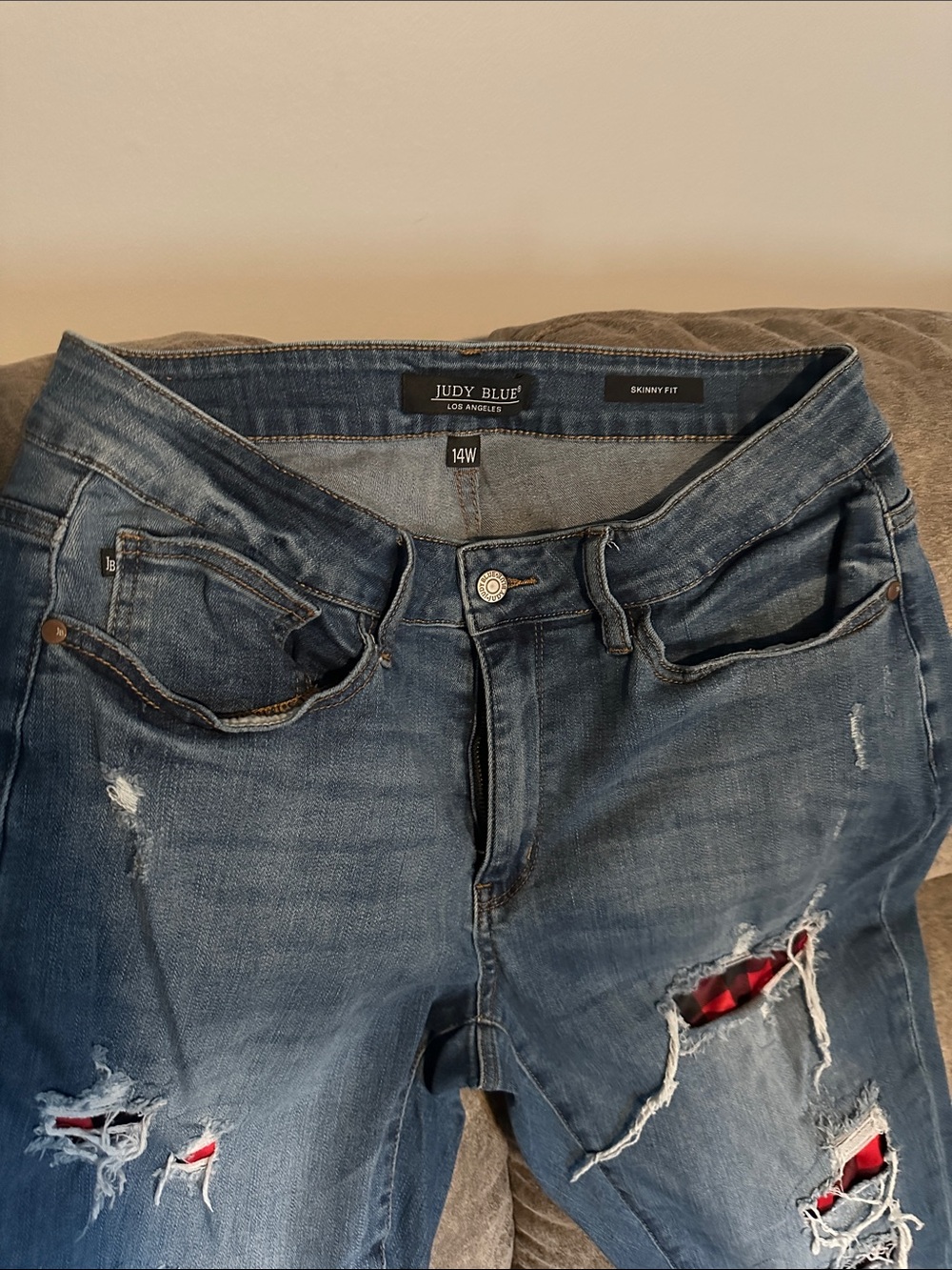 Judy Blue Distressed Skinny Jeans with Red Patch Accents